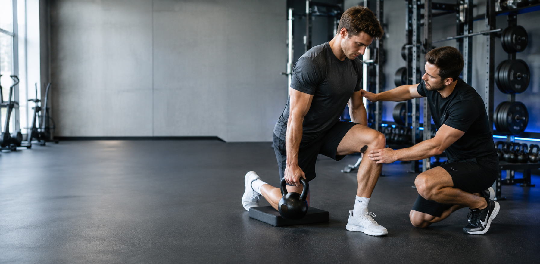 A physical therapist coaching an athlete during a strength movement